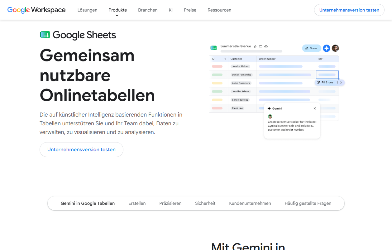 Startseite von Excel / Google Sheets